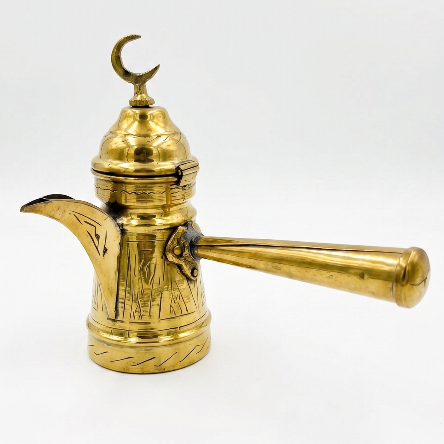 Hand-Engraved Solid Brass Turkish Coffee Pot with Hinged Lid & Crescent Moon Finial