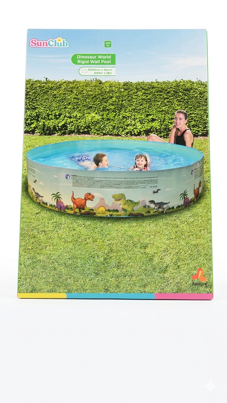 SunClub "Dinosaur World" Rigid Wall Kids Pool – Large $\emptyset$240cm x 46cm No-Inflation Above-Ground Backyard Splash Pool