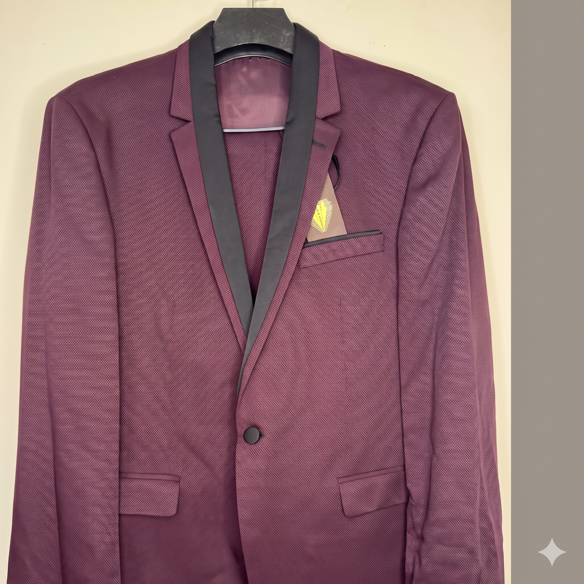 SAVARA Men's Slim Fit Tuxedo Blazer - Textured Burgundy Jacket with Black Satin Shawl Lapel