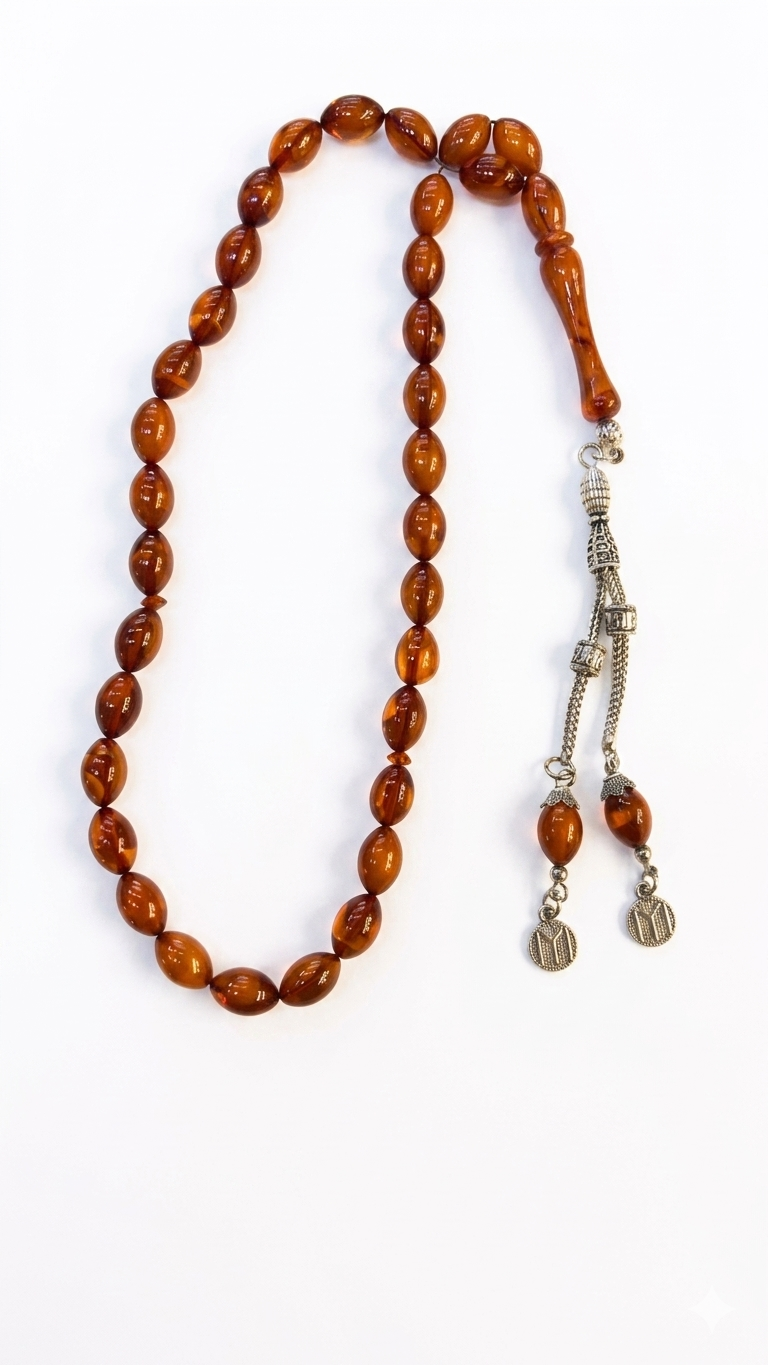 Translucent Amber Misbaha with Ornate Silver Tassel