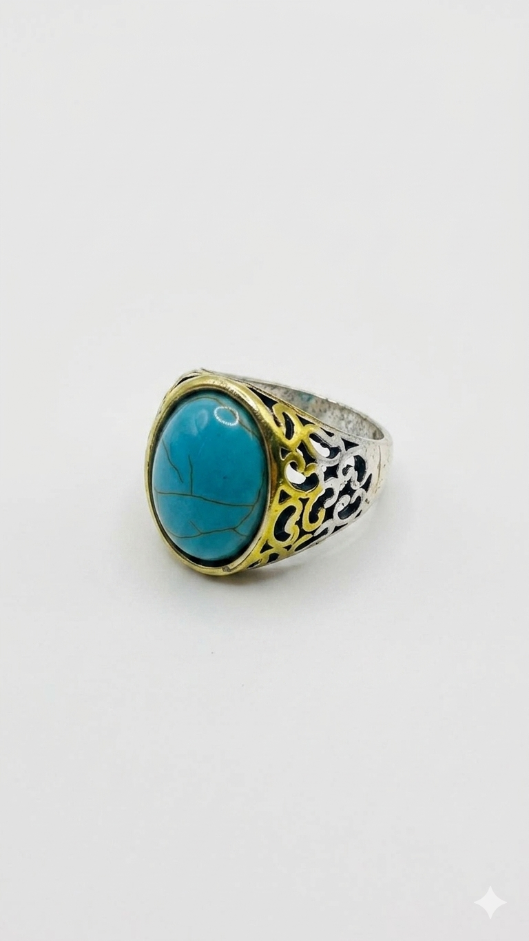 Artisan Filigree Signet Ring with Turquoise Centerpiece