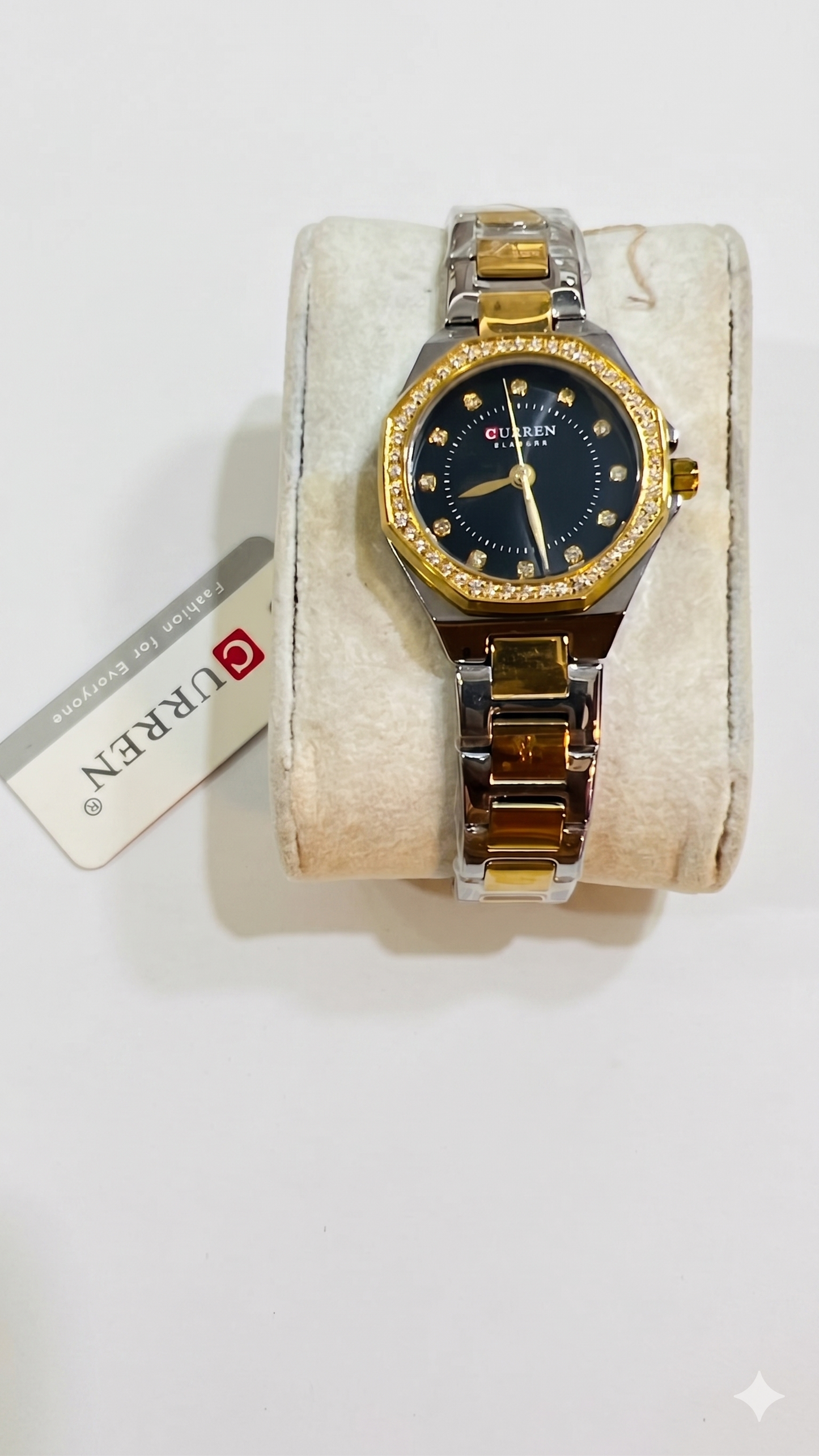 CURREN Blanche Luxury Women's Watch – Two-Tone Gold & Silver Stainless Steel Band with Rhinestone Bezel and Black Dial