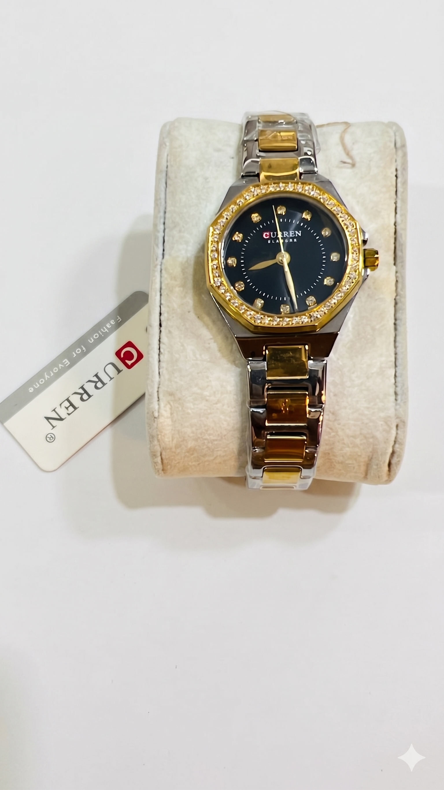 CURREN Blanche Luxury Women's Watch – Two-Tone Gold & Silver Stainless Steel Band with Rhinestone Bezel and Black Dial