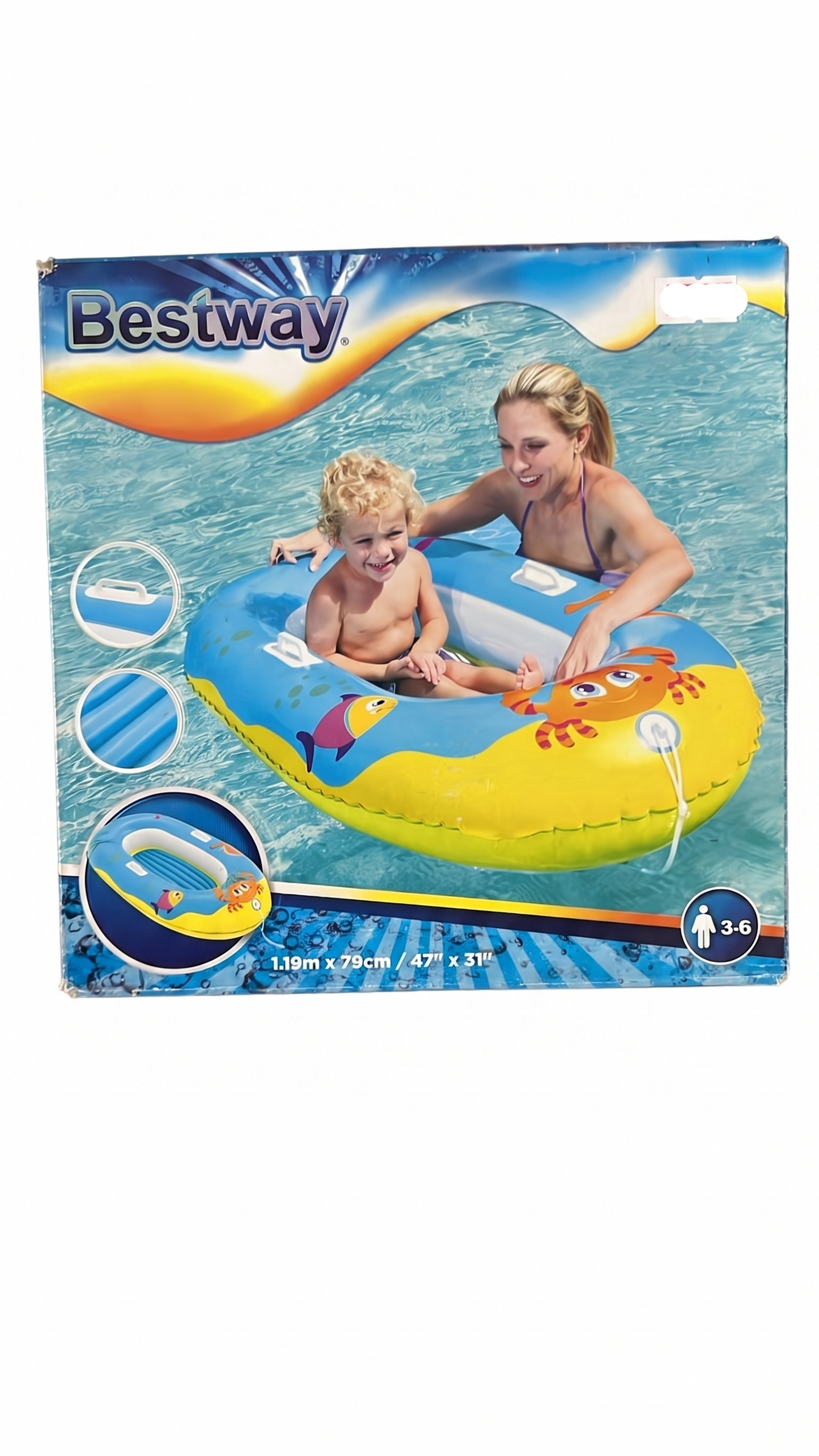 Bestway Inflatable Kids Pool Boat – 1.19m x 79cm Inflatable Toddler Dinghy with Crab & Fish Graphics