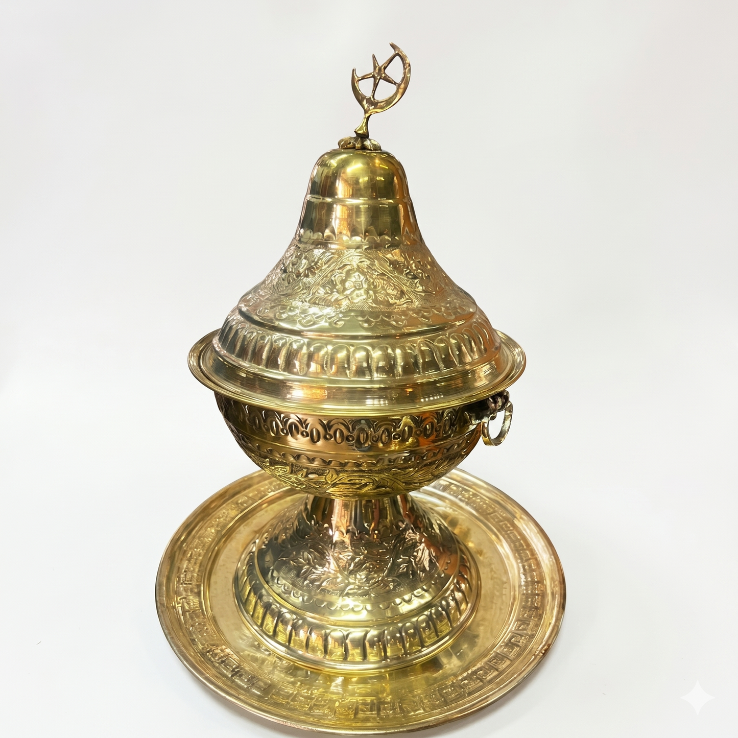 Hand-Engraved Antique Brass Decorative Mabkhara Set – Traditional Ottoman Incense Burner with Crescent Finial and Tray
