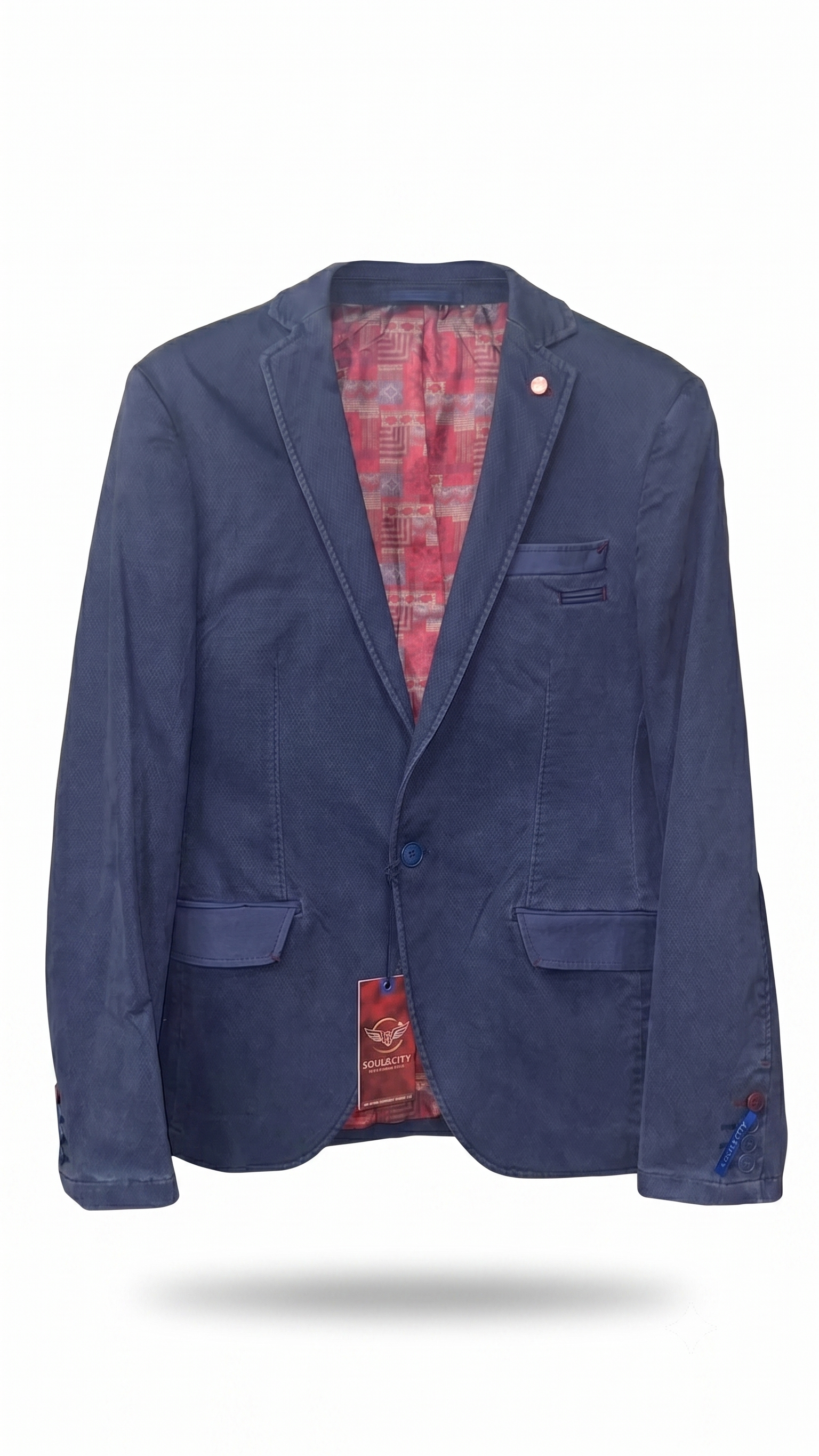 Men's Casual Slim-Fit Textured Blazer – Navy Blue with Contrast Printed Lining