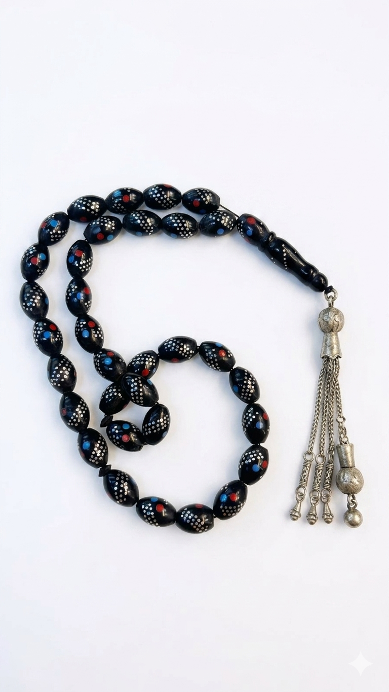 Vintage Black Prayer Beads with Silver-Toned Accents