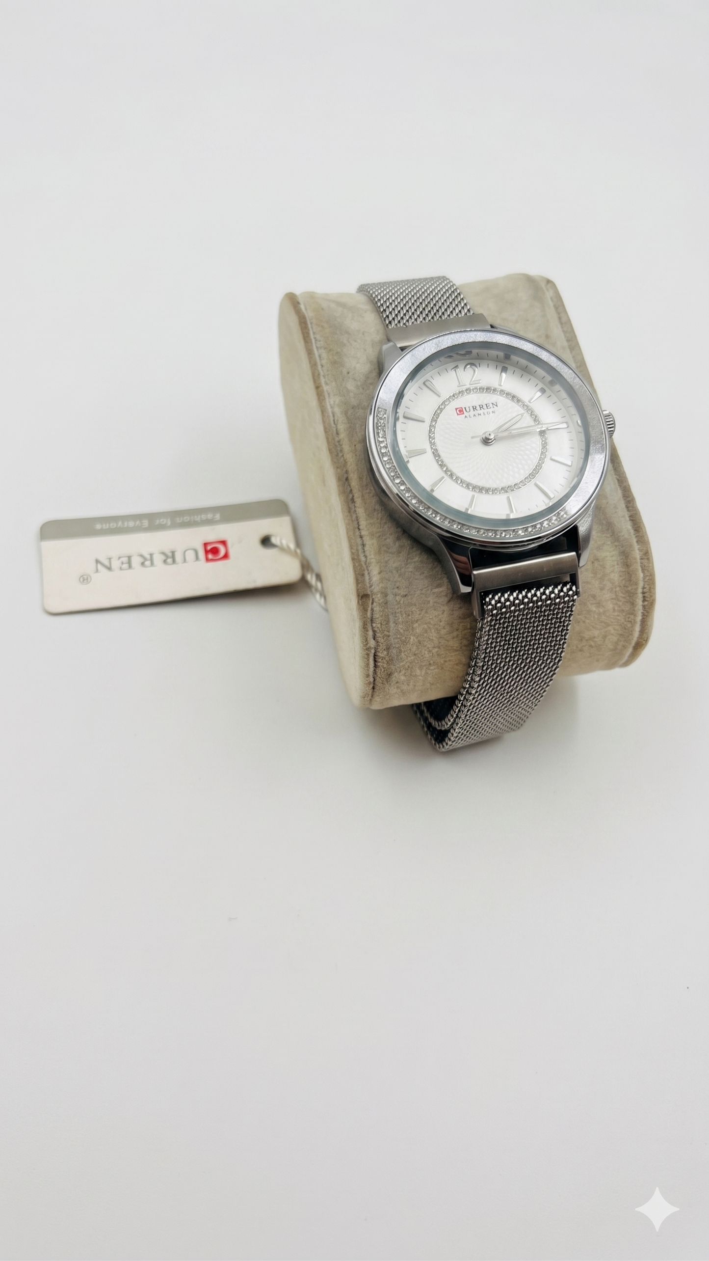 CURREN Blanche Luxury Women's Watch – Stainless Steel Silver Mesh Band with Textured White Dial and Crystal Accents