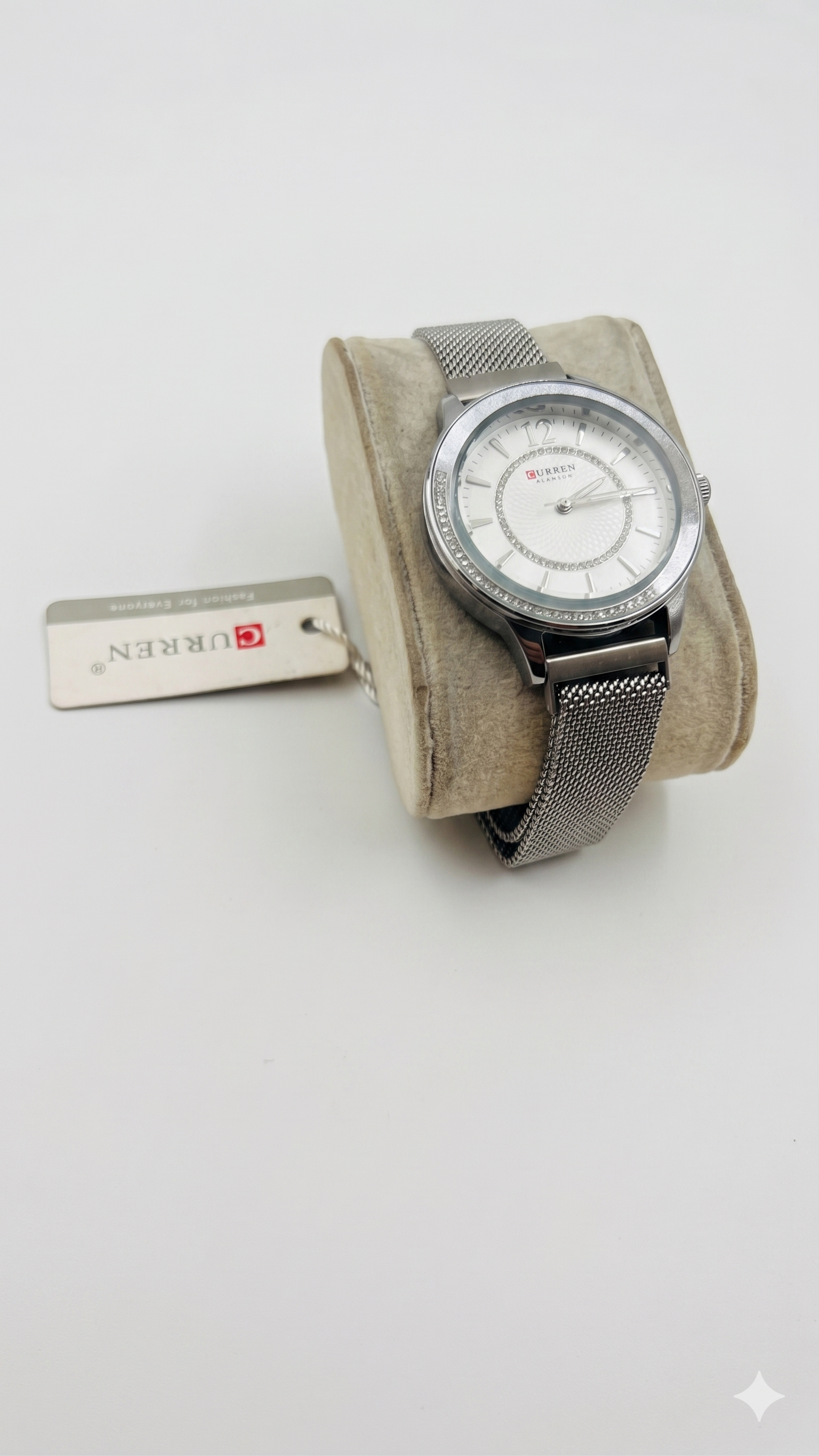 CURREN Blanche Luxury Women's Watch – Stainless Steel Silver Mesh Band with Textured White Dial and Crystal Accents