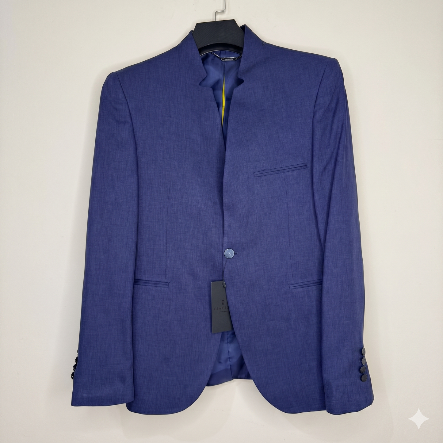 Premium Men's Tailored Blazer - Unique Cutout Stand Collar Jacket in Textured Blue
