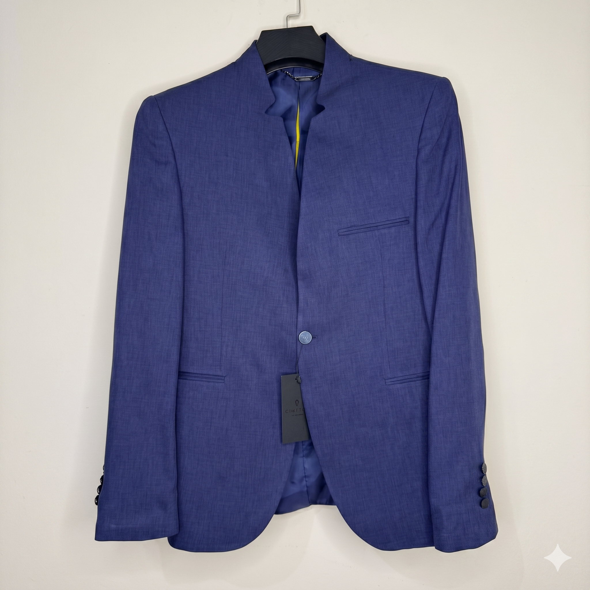 Premium Men's Tailored Blazer - Unique Cutout Stand Collar Jacket in Textured Blue