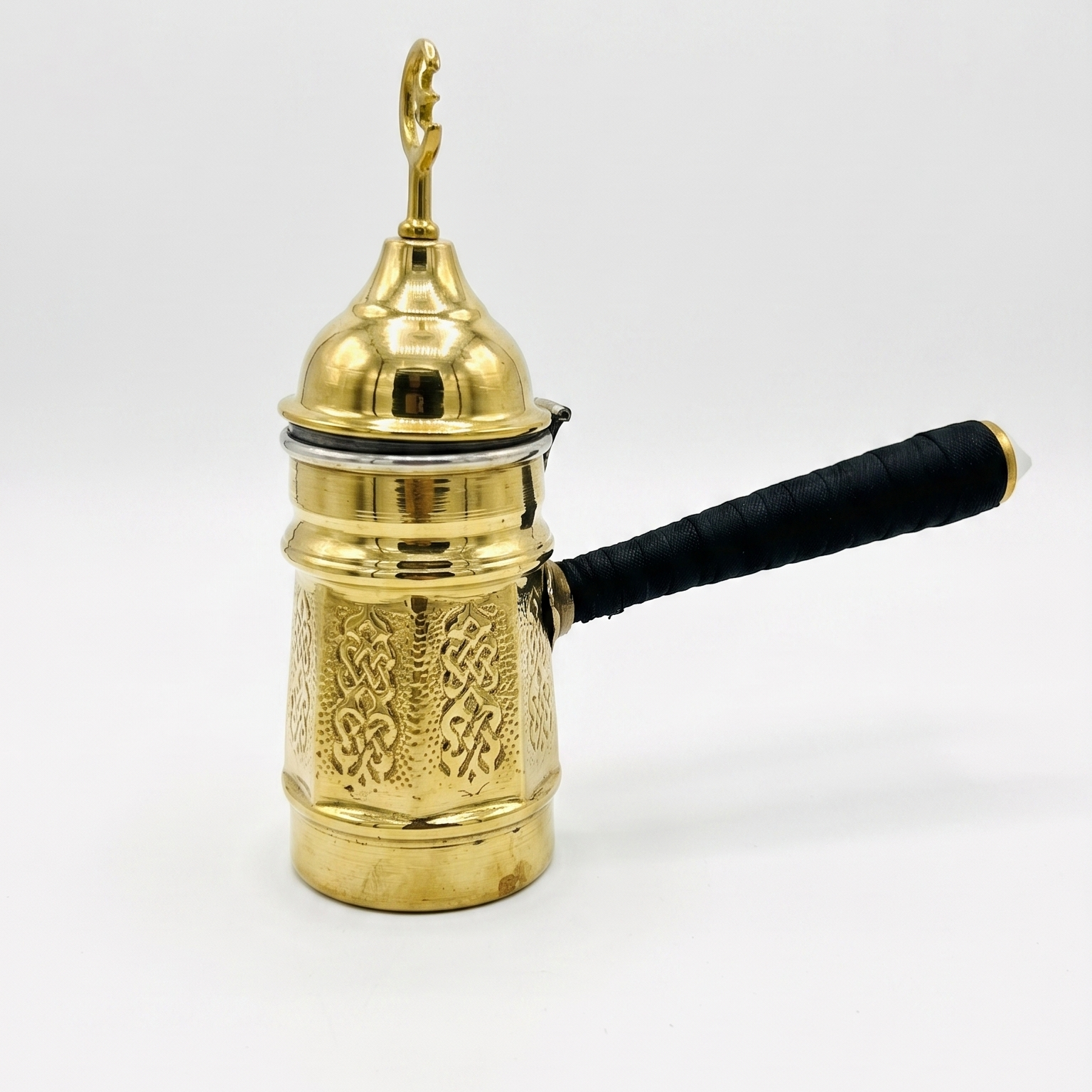 Premium Embossed Brass Turkish Coffee Pot with Wrapped Insulated Handle & Crescent Lid