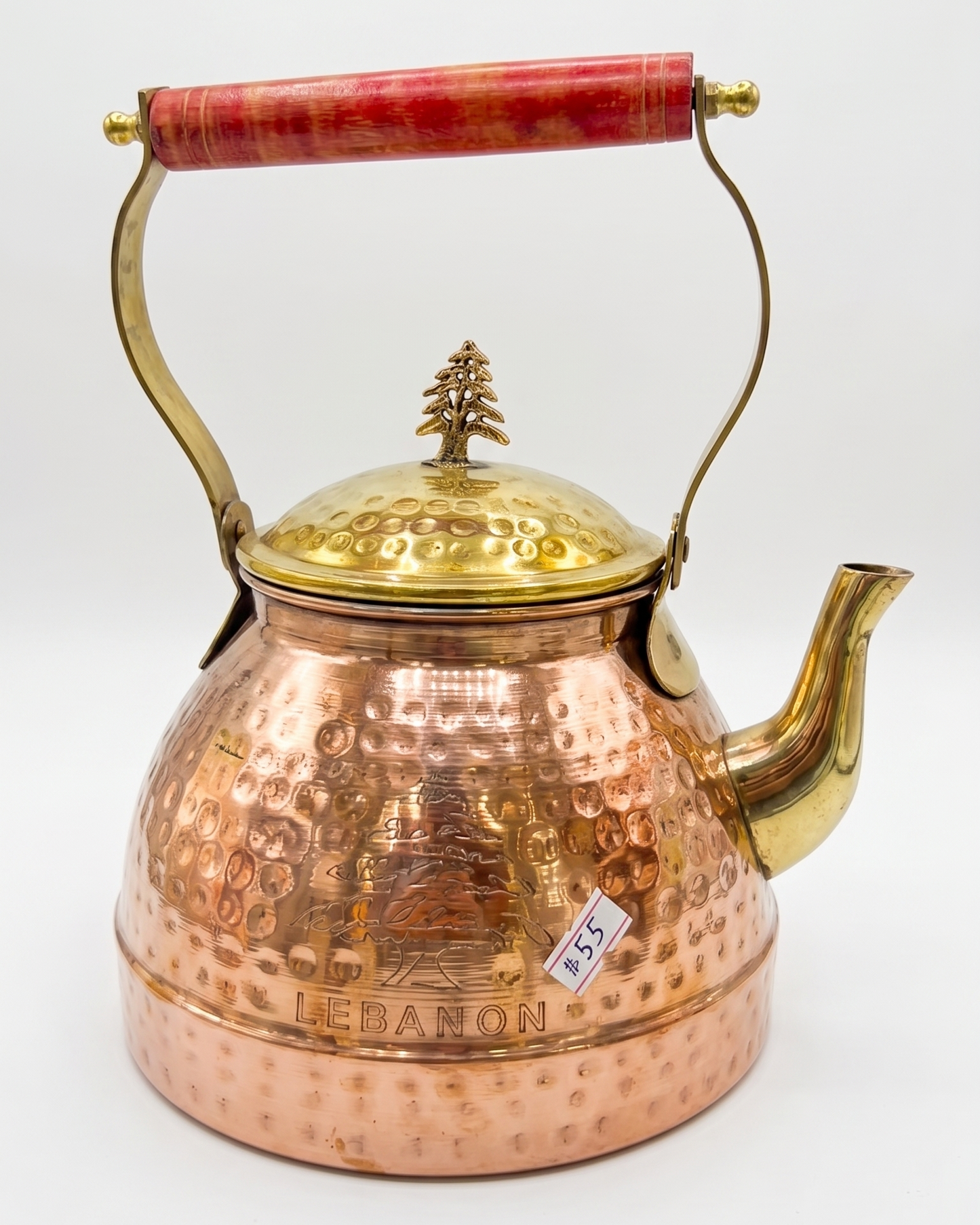 Handcrafted Hammered Copper Tea Kettle with Brass Accents & Lebanese Cedar Tree Finial