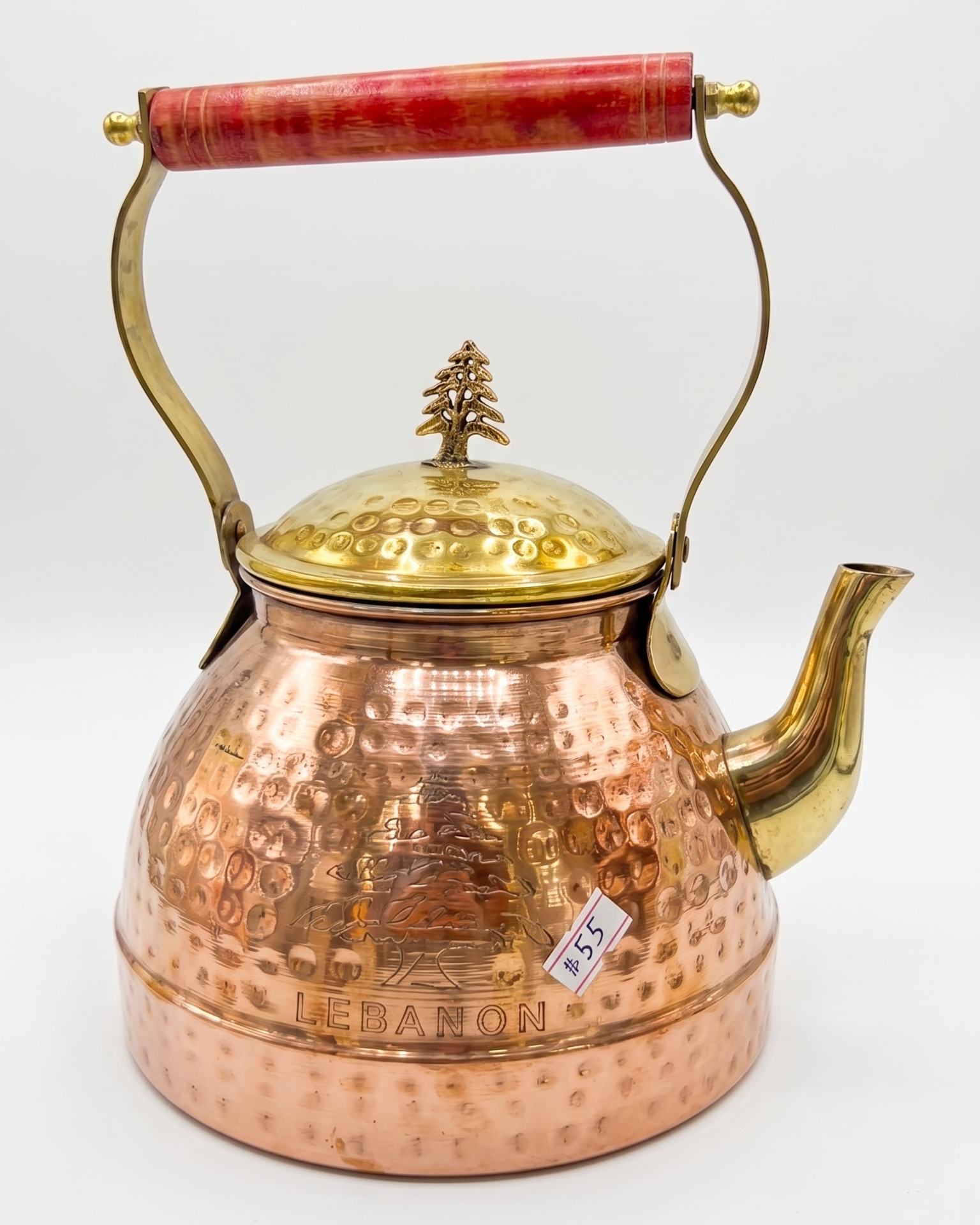 Handcrafted Hammered Copper Tea Kettle with Brass Accents & Lebanese Cedar Tree Finial