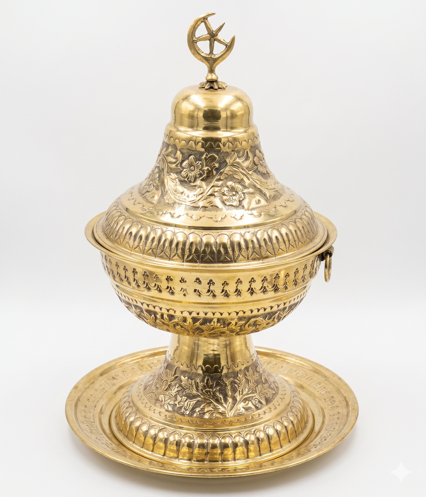 Handcrafted Ornate Brass Turkish/Ottoman Style Covered Serving Set with Tray & Crescent Finial