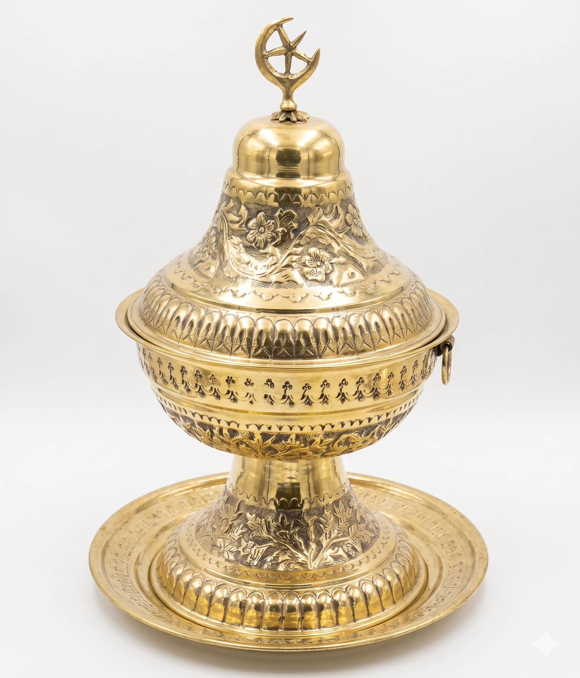 Handcrafted Ornate Brass Turkish/Ottoman Style Covered Serving Set with Tray & Crescent Finial