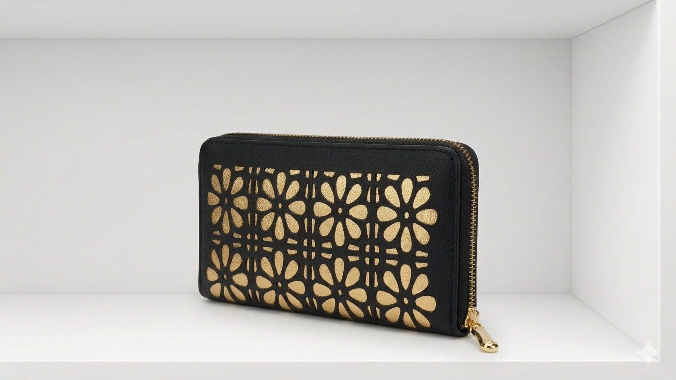 Elegant Gold Laser-Cut Daisy Zipper Wallet
