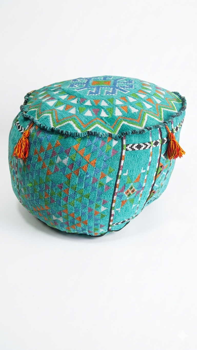Moroccan-Style Embroidered Teal Pouf