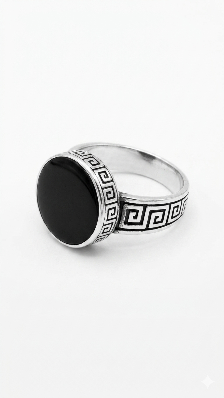 Minimalist Black Stone Ring with Greek Key Pattern