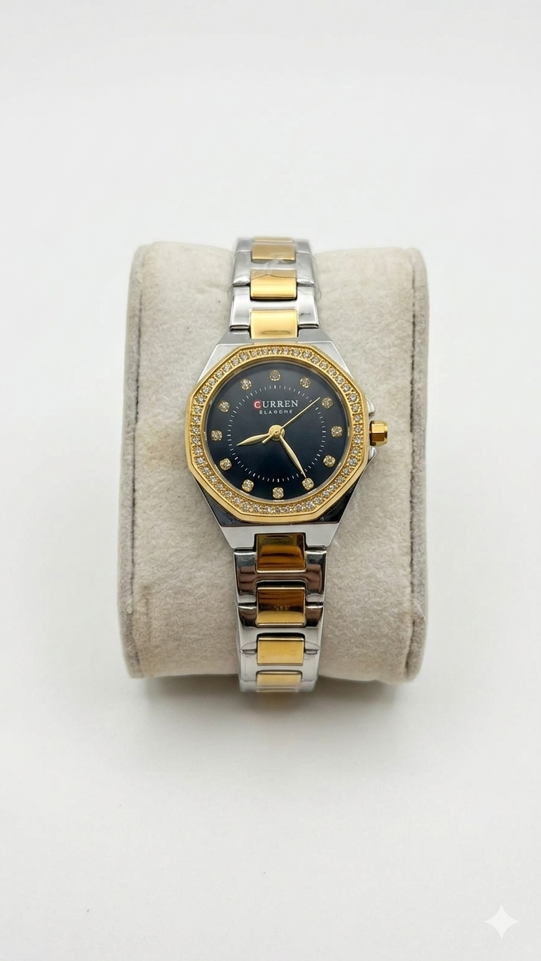 CURREN Blanche Luxury Women's Watch – Two-Tone Gold & Silver Stainless Steel Band with Rhinestone Bezel and Black Dial