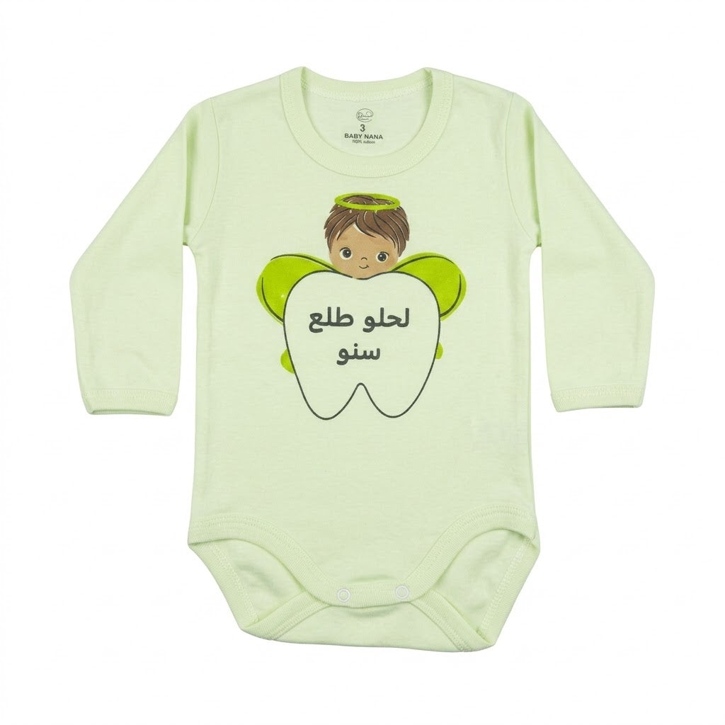 Baby Nana Long-Sleeve Teething Celebration Onesie – Mint Green "First Tooth" Bodysuit