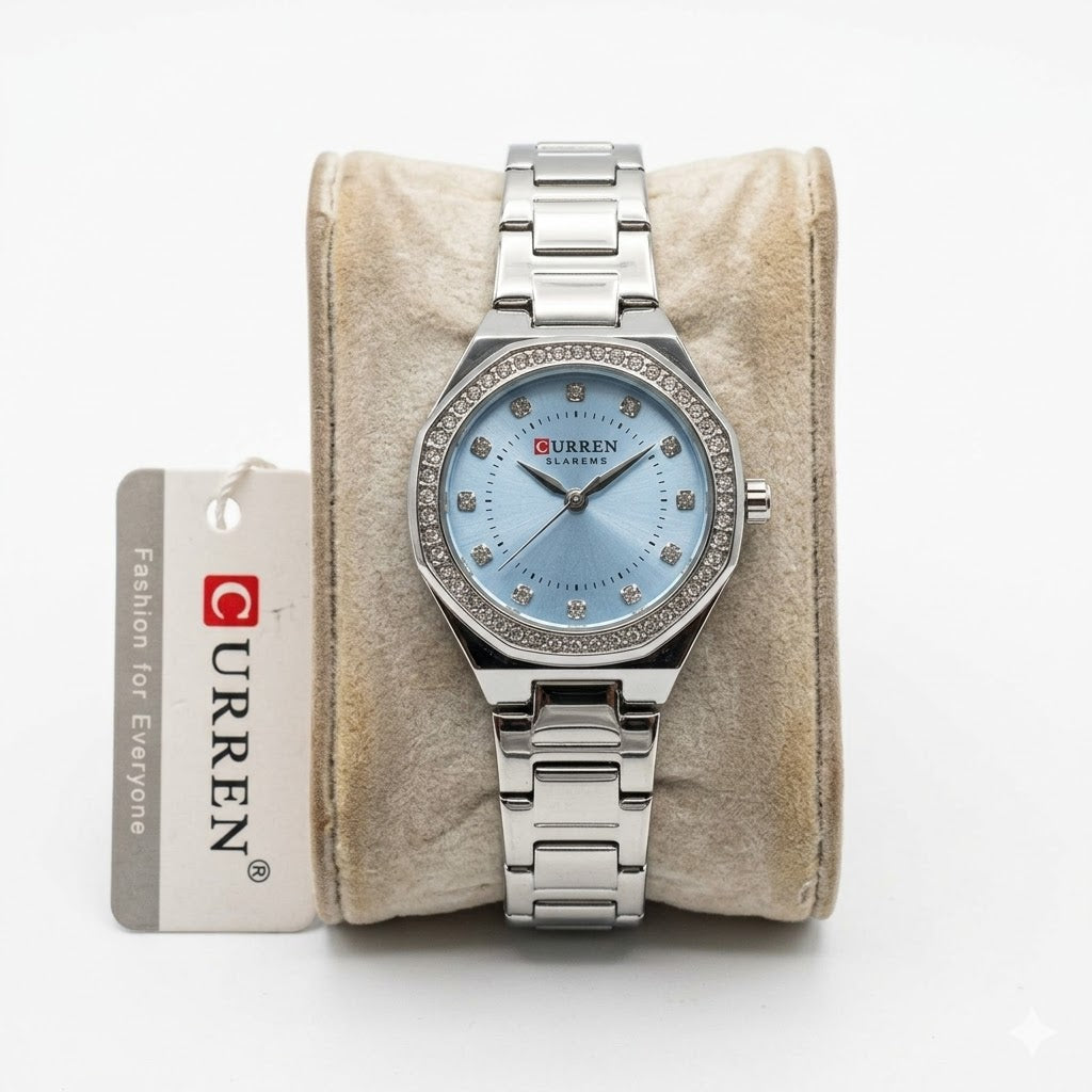 CURREN Sharems Luxury Women's Dress Watch – Ice Blue Sunray Dial with Crystal Bezel & Stainless Steel Bracelet