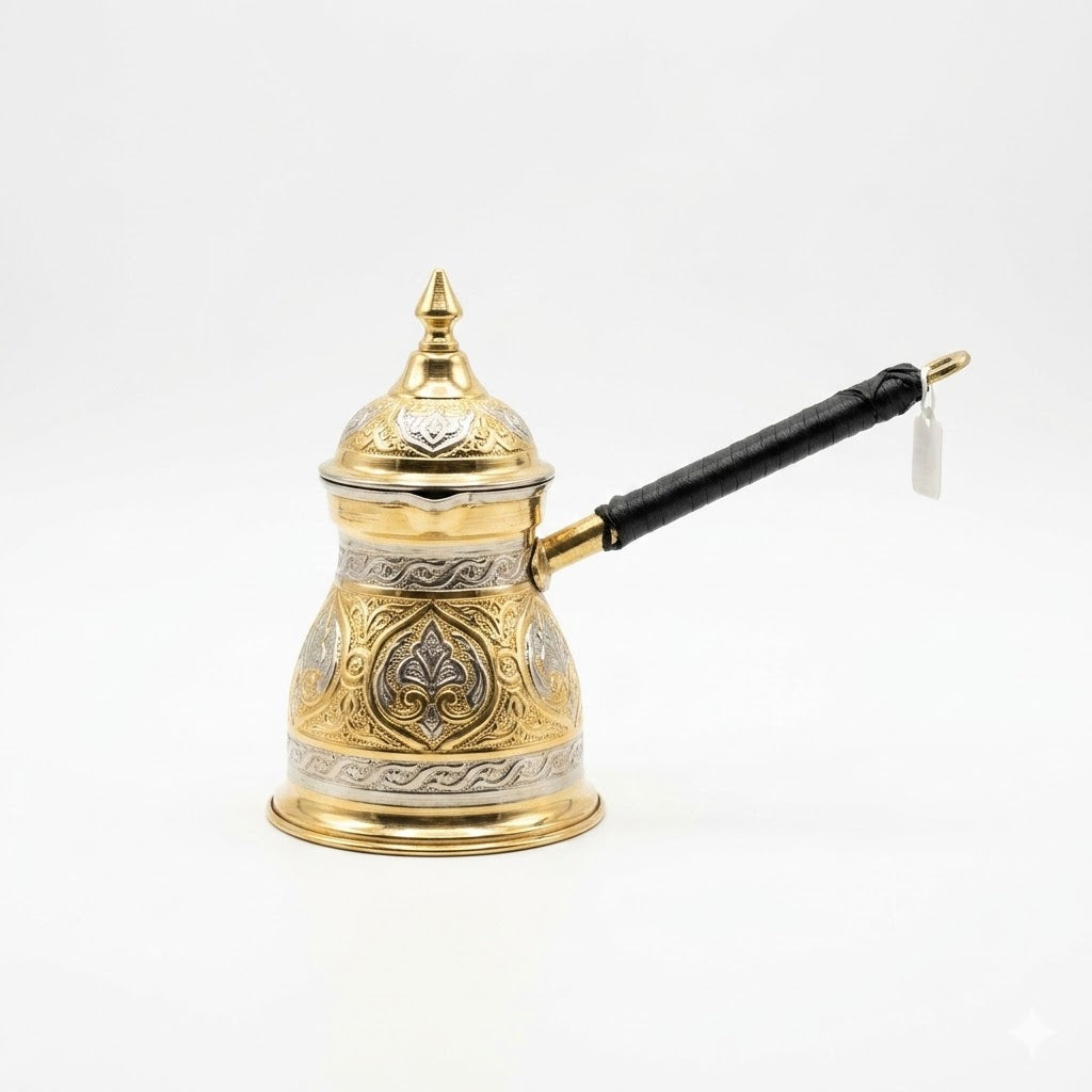 Ornate Engraved Gold and Silver Turkish Coffee Pot (Cezve) with Black Leather Handle