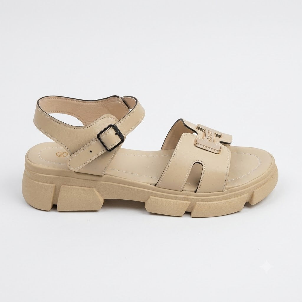 Beige Chunky Platform Ankle-Strap Sandals with 'H' Detail