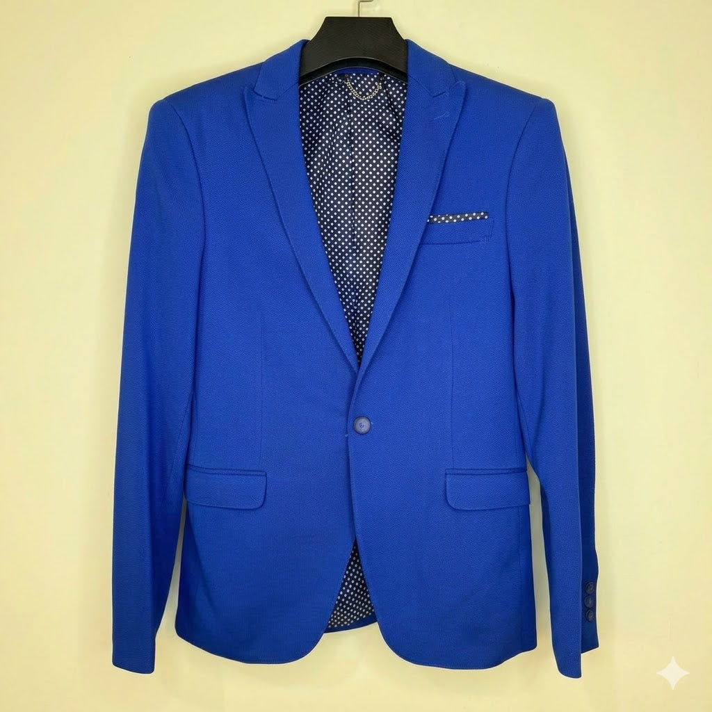 Men's Royal Blue Slim Fit Blazer – Textured Single-Button Jacket with Polka Dot Lining & Pocket Square