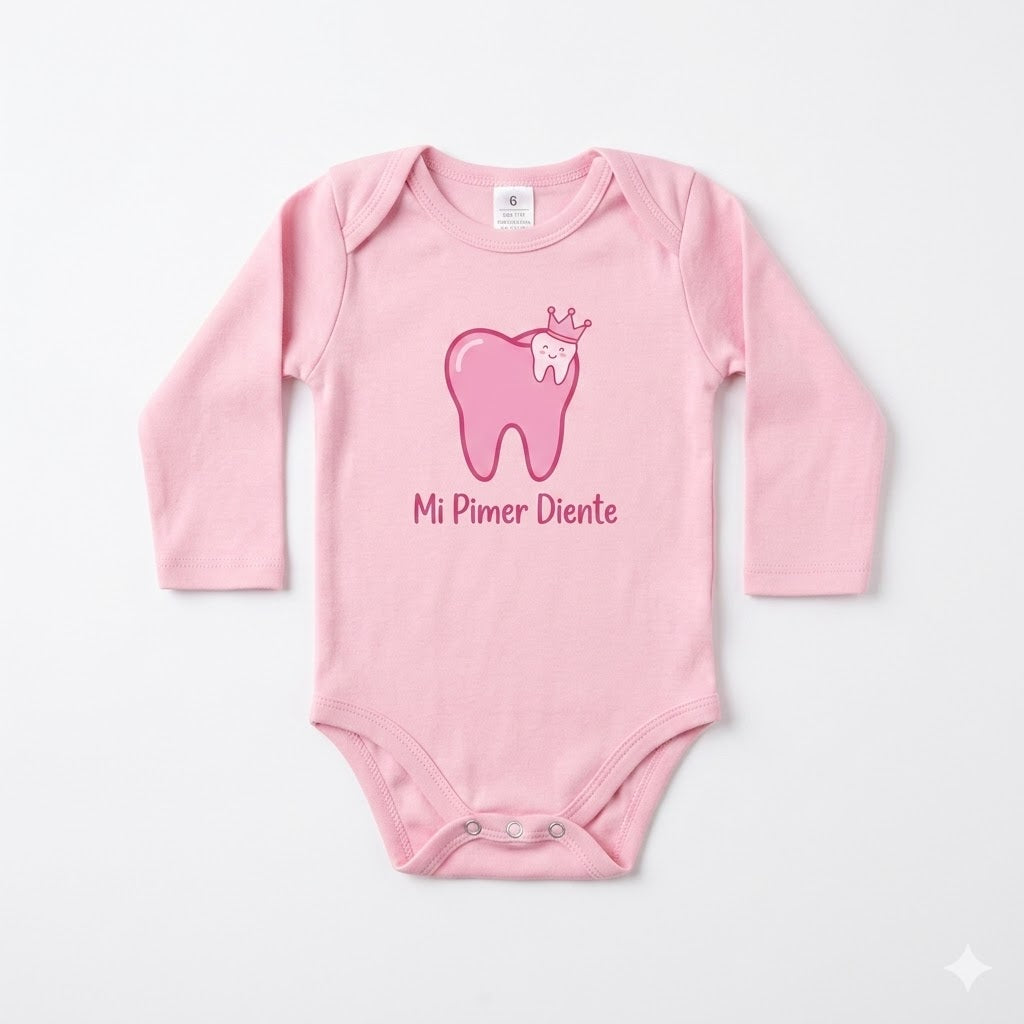 Baby Nana Long-Sleeve "Mi Primer Diente" Onesie – Pastel Pink "First Tooth" Celebration Bodysuit