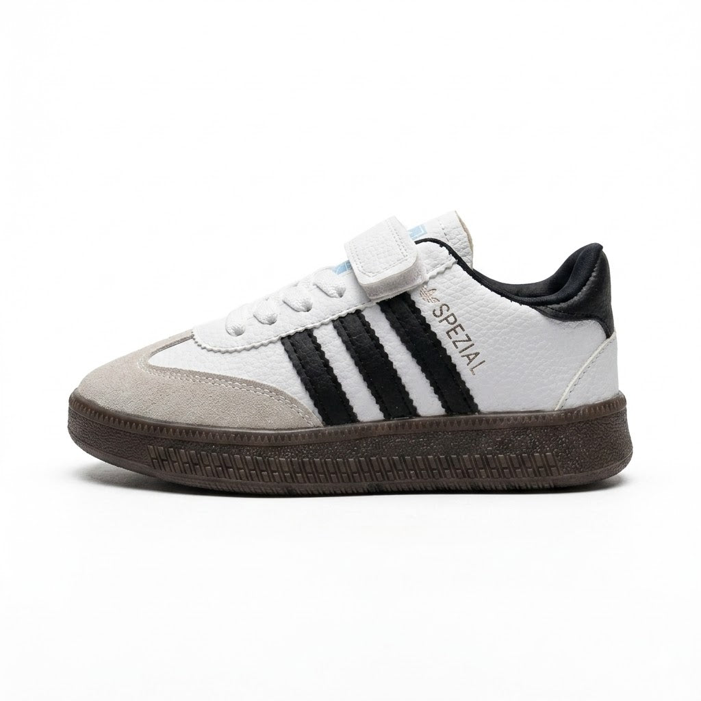 Kids' "Spezial" Retro White Sneaker with Black Stripes and Gum Sole