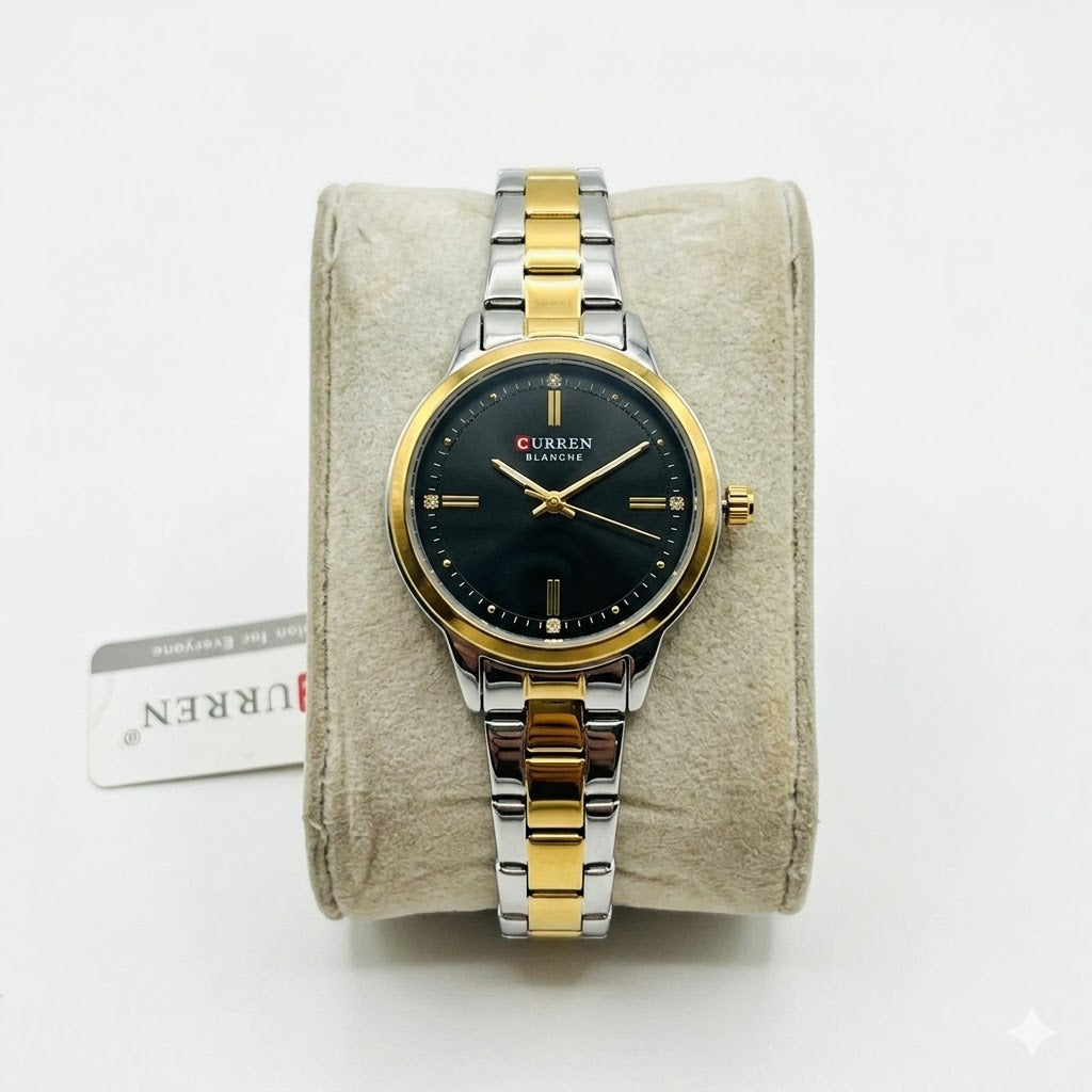 CURREN Blanche Women's Luxury Quartz Watch – Sleek Black Dial with Two-Tone Gold & Silver Stainless Steel Bracelet