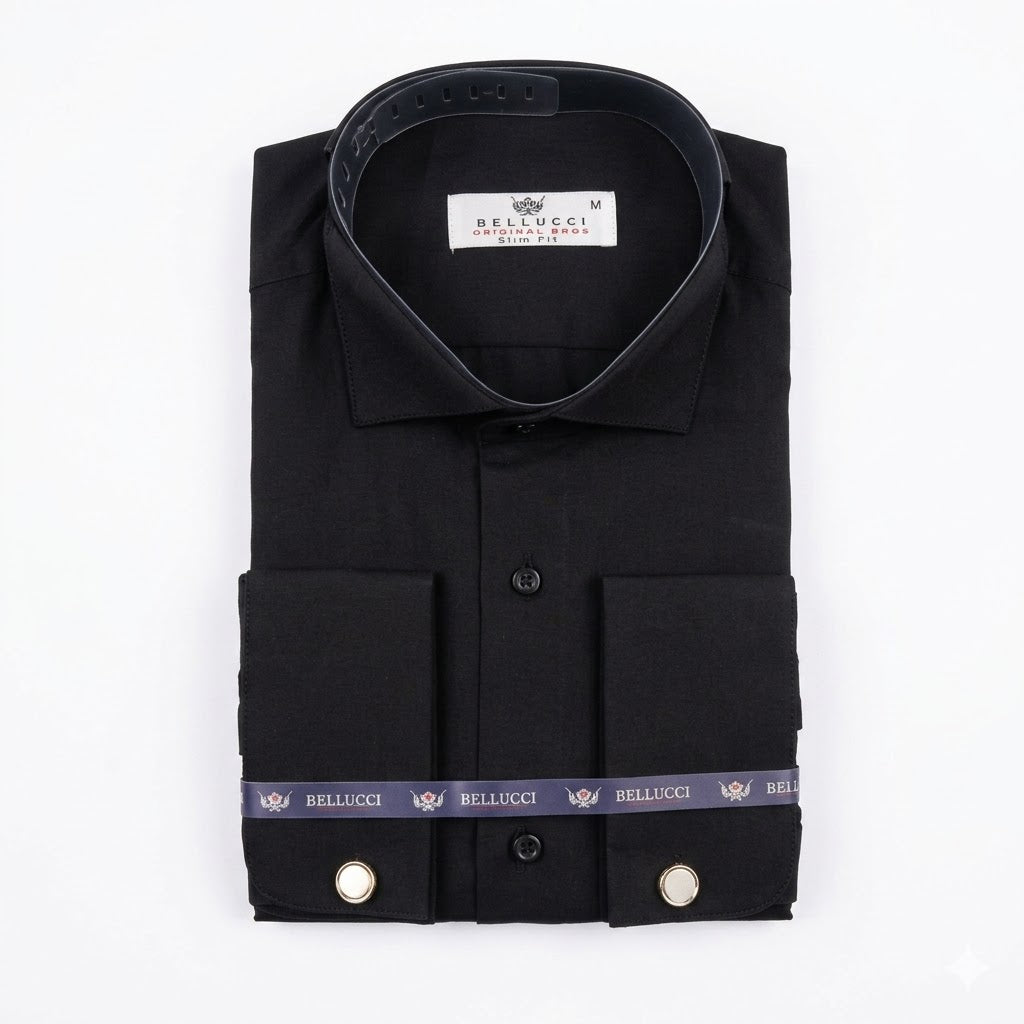 Bellucci Original Bros Men's Slim Fit Dress Shirt – Premium Solid Black French Cuff Button-Down