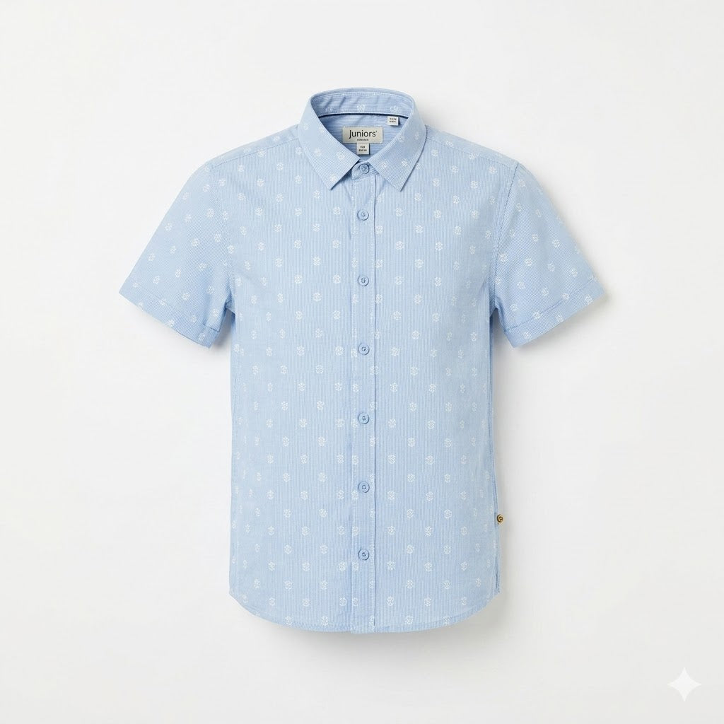 Juniors Boys' Dotted Seersucker Short-Sleeve Button-Up Shirt – Light Blue