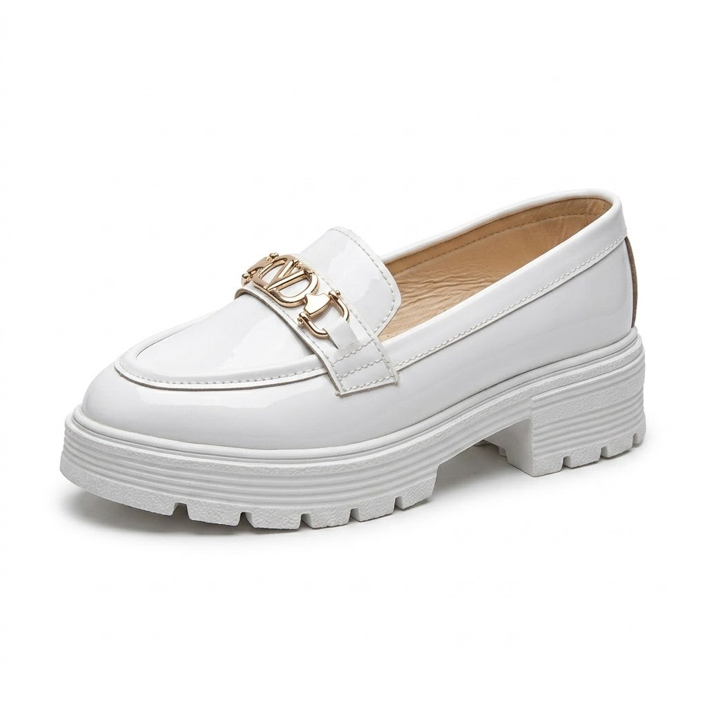 Women's High-Shine Patent Platform Loafers with Gold Hardware – Crisp White