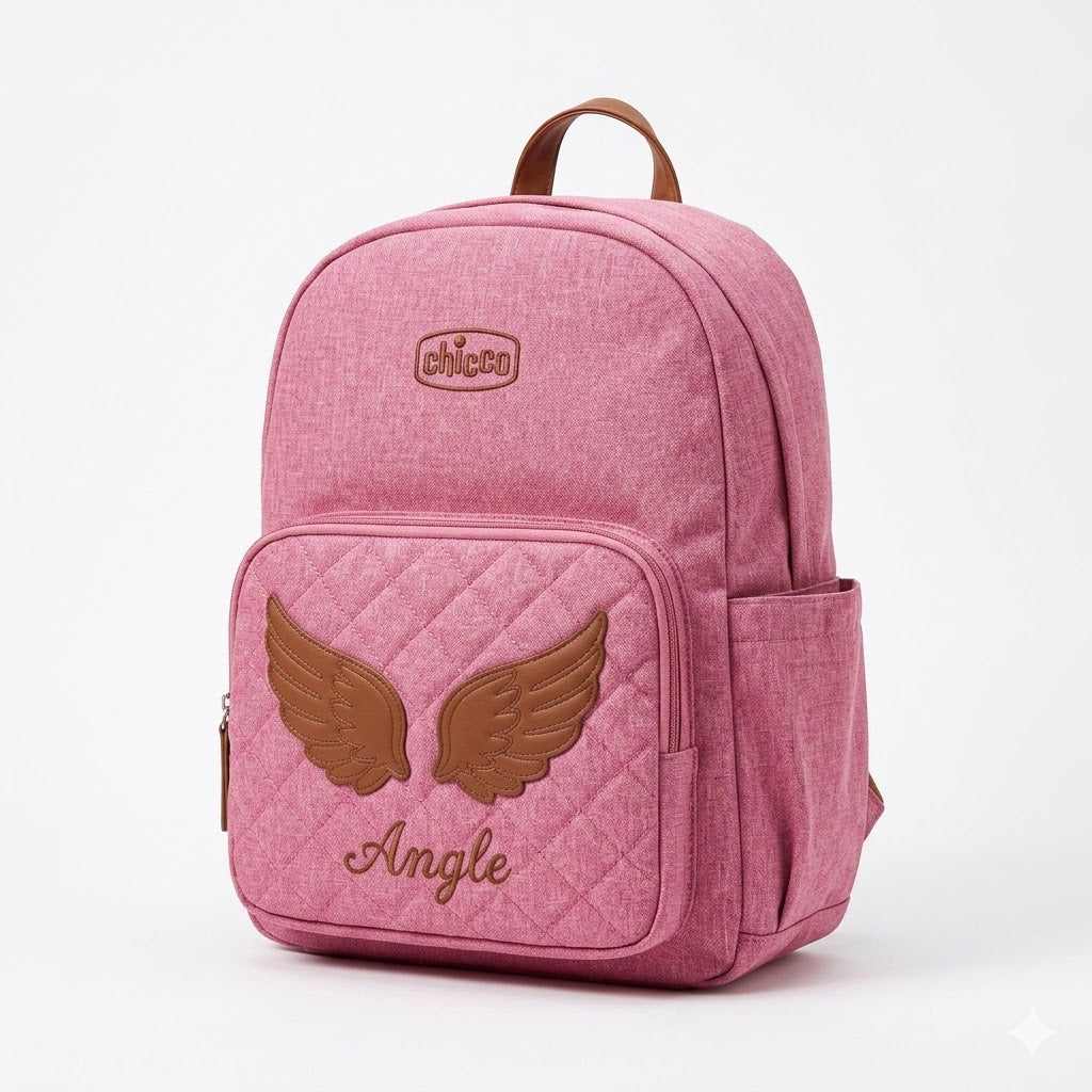 Chicco Multi-Functional Diaper Backpack – Pink Heather with Quilted Angel Wings
