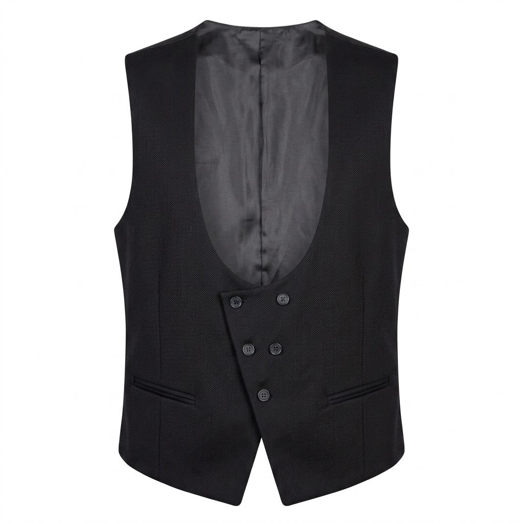 Men's Premium Black Textured Horseshoe Waistcoat – Slim Fit Low-Cut Double-Breasted Dress Vest