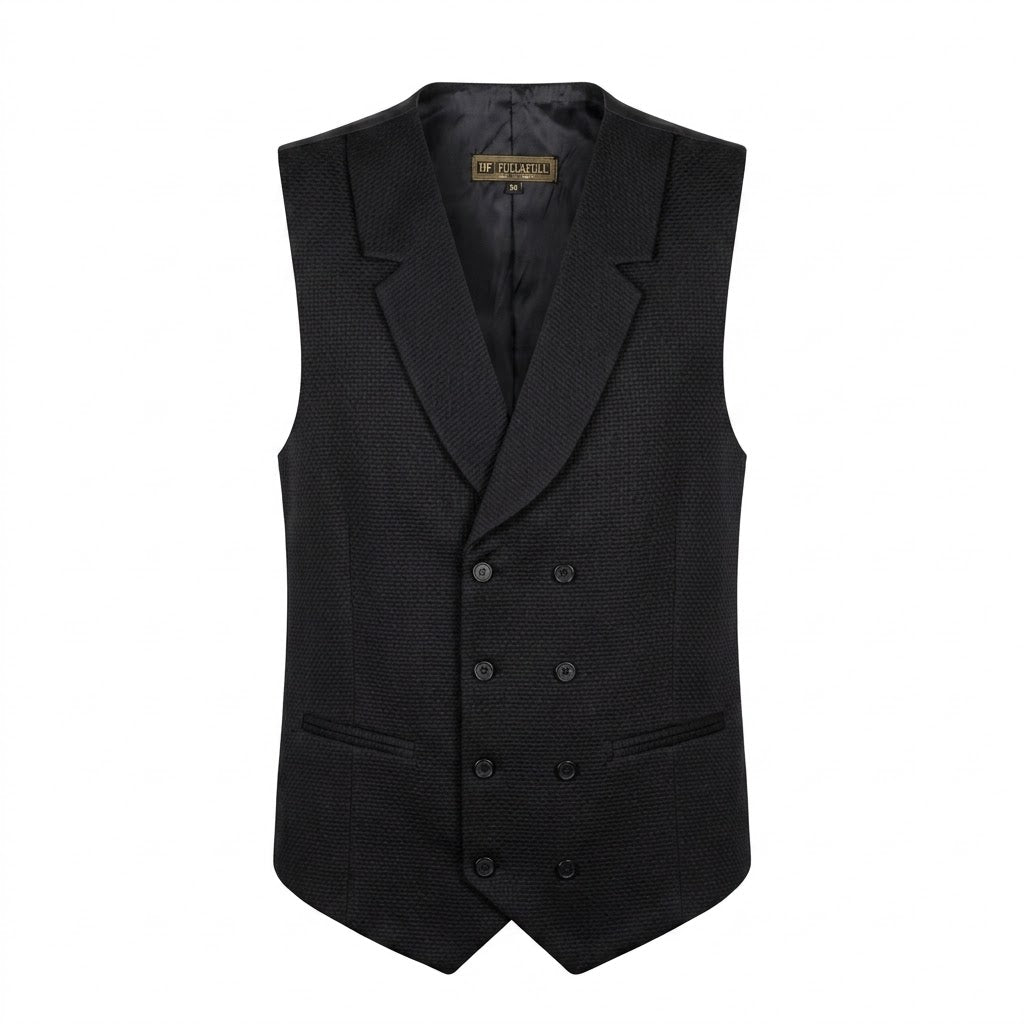 Men's Premium Black Textured Double-Breasted Waistcoat – Slim Fit Peak Lapel Dress Vest
