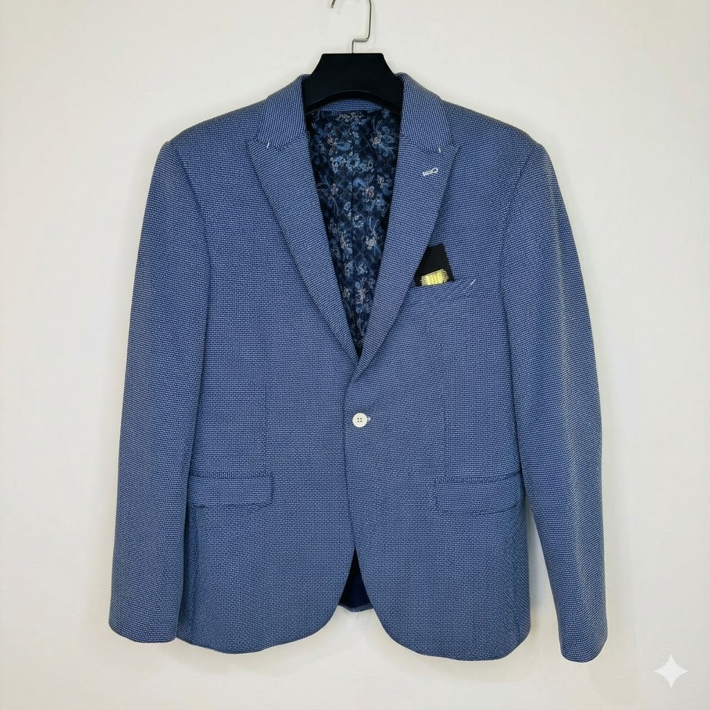 Men's Slim Fit Blue Micro-Weave Blazer – Textured Single-Button Jacket with Floral Paisley Lining