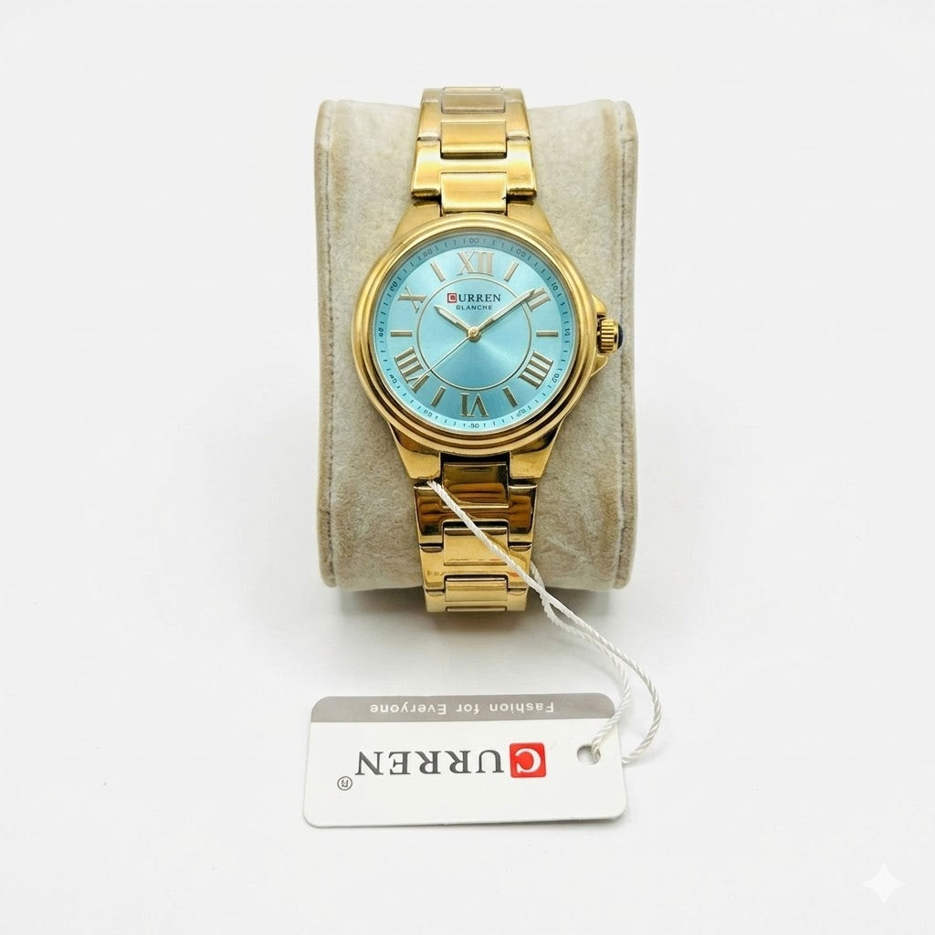CURREN Blanche Women's Luxury Quartz Watch – Vibrant Sky Blue Dial with Premium All-Gold Stainless Steel Bracelet
