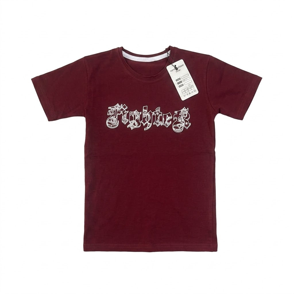 Kids' "Fighter" Gothic Script Graphic Maroon Crewneck T-Shirt