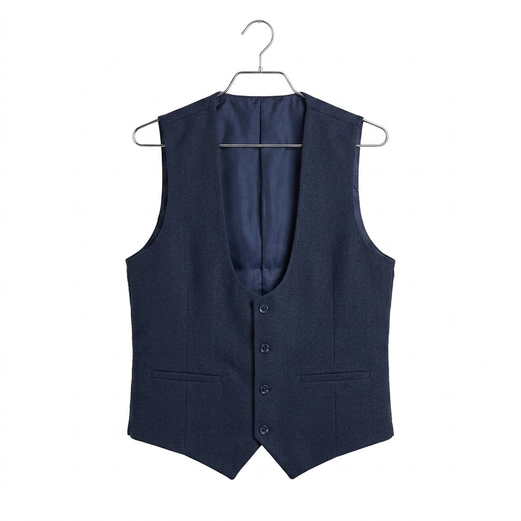 Navy Blue Textured Formal Waistcoat – Slim Fit