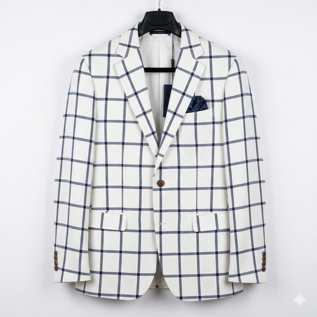 Men's Cream and Navy Windowpane Plaid Blazer
