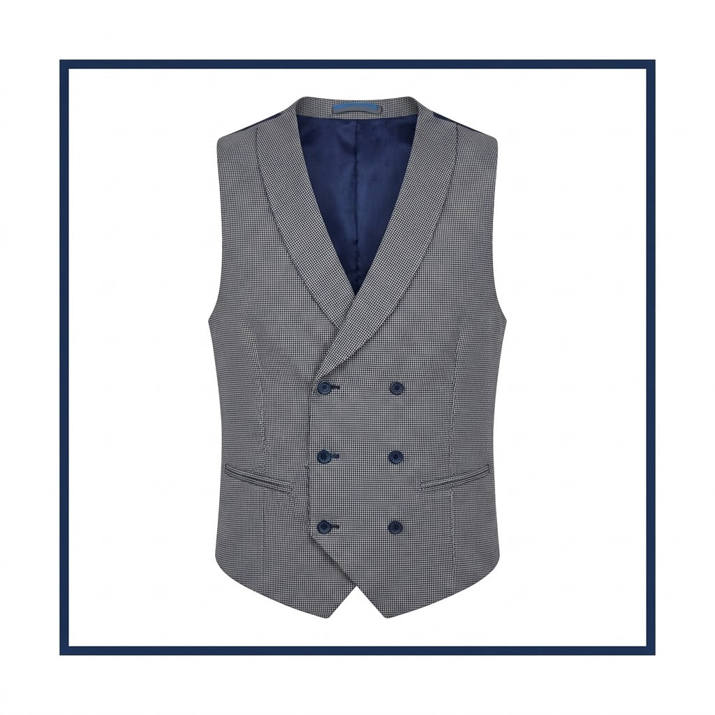 Men's Slim Fit Double-Breasted Waistcoat – Classic Navy & White Micro-Pattern Dress Vest