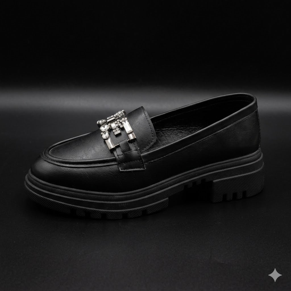 Black Crystal Embellished Lug Sole Loafers