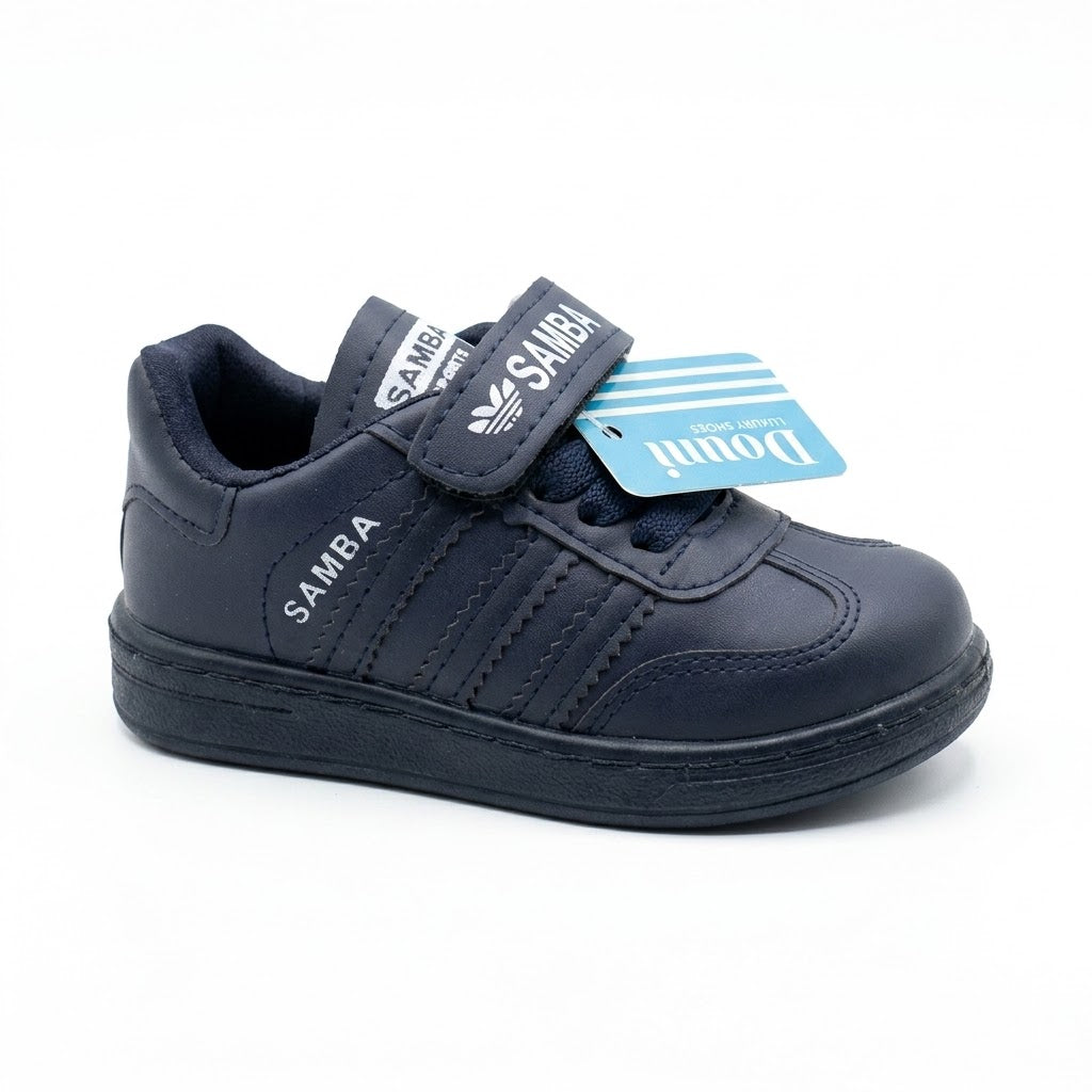 Children's Navy Blue "SAMBA" Leather-Look Sneaker with Strap and Laces