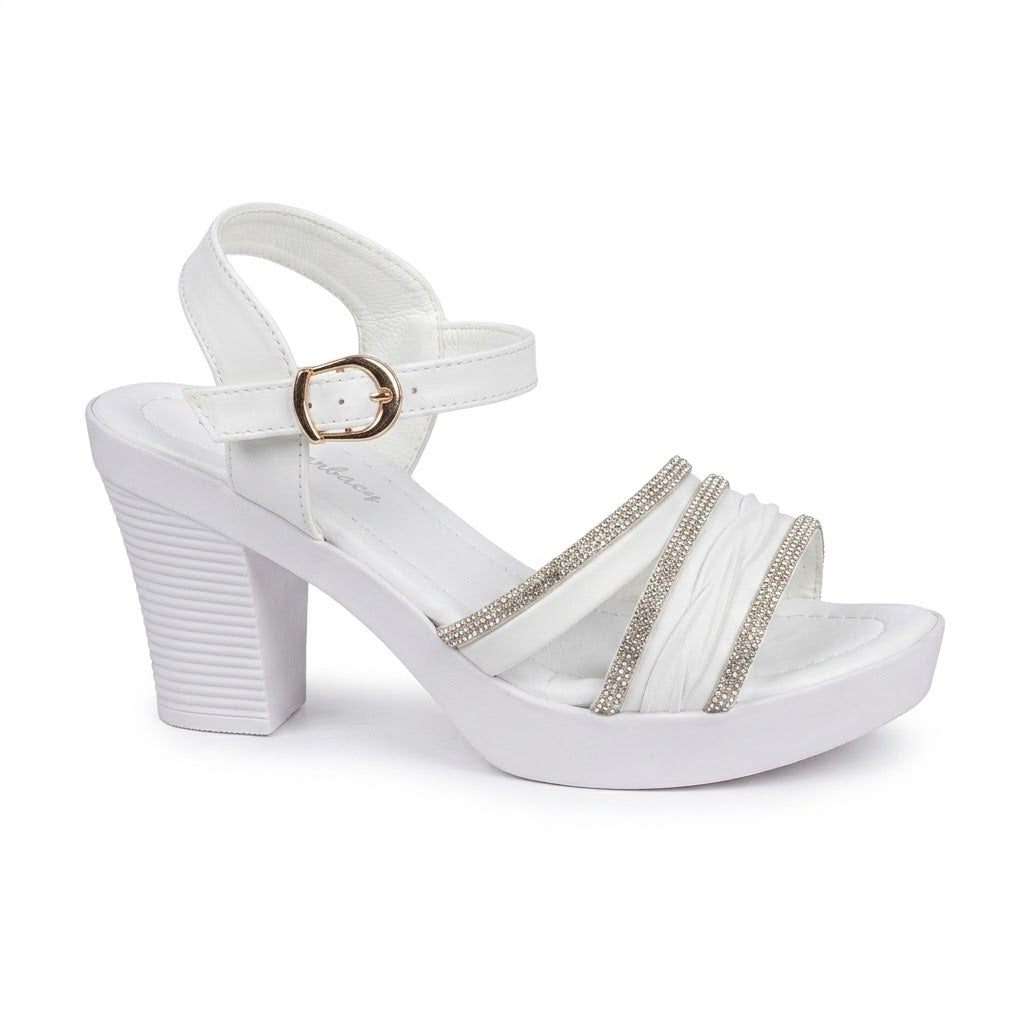 White Block Heel Platform Sandals with Rhinestone Straps